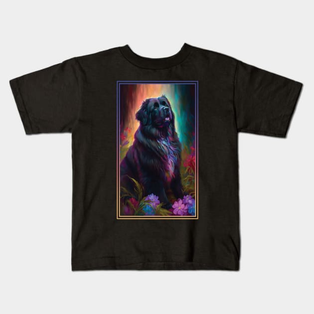 Newfoundland Dog Vibrant Tropical Flower Tall Digital Oil Painting Portrait 3 Kids T-Shirt by ArtHouseFlunky